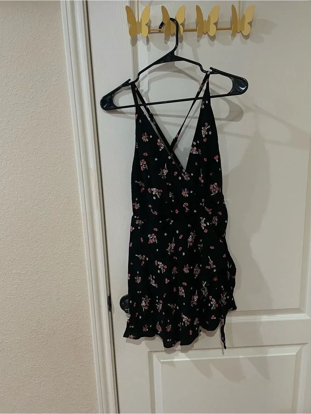 Free People Floral Romper size 6 Black with Pink Floral Print NWT
